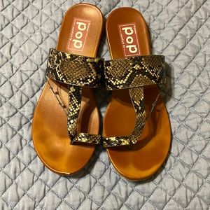Pop brand comfort fit, snake skin sandals, size 8